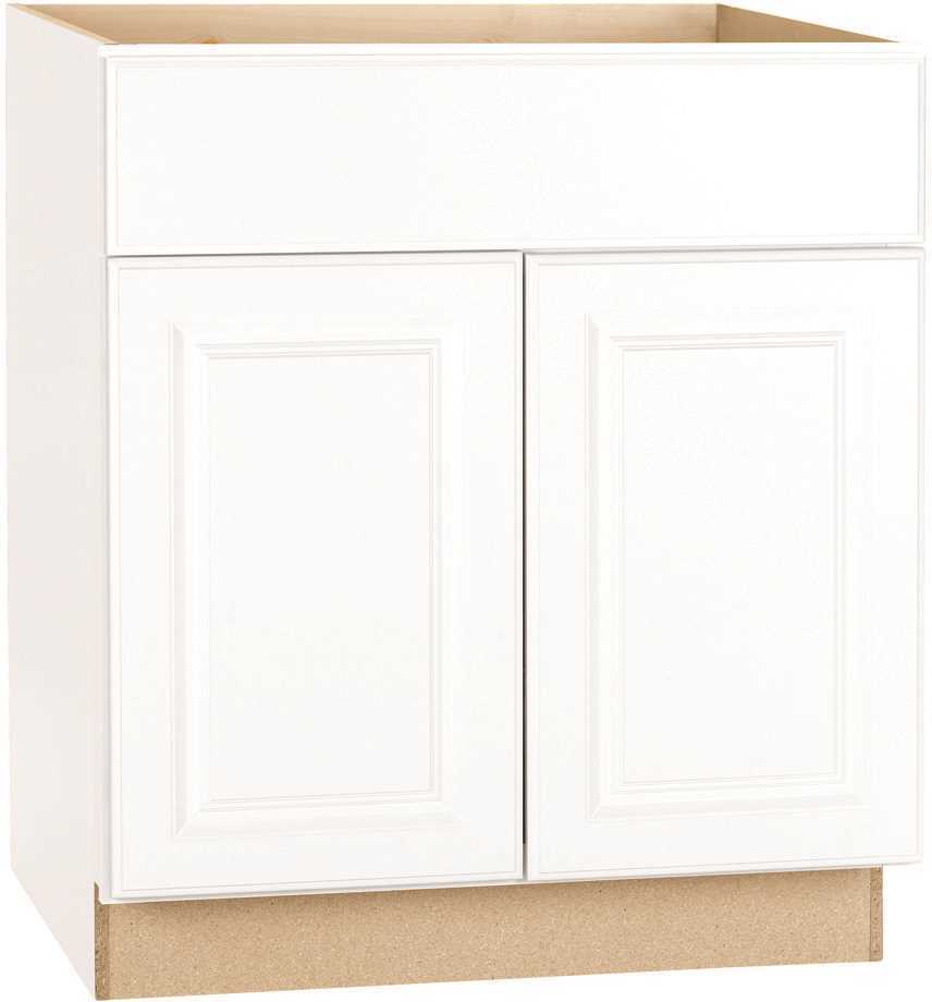 Hampton Satin White Raised Panel Stock Assembled Base Kitchen Cabinet with Drawe