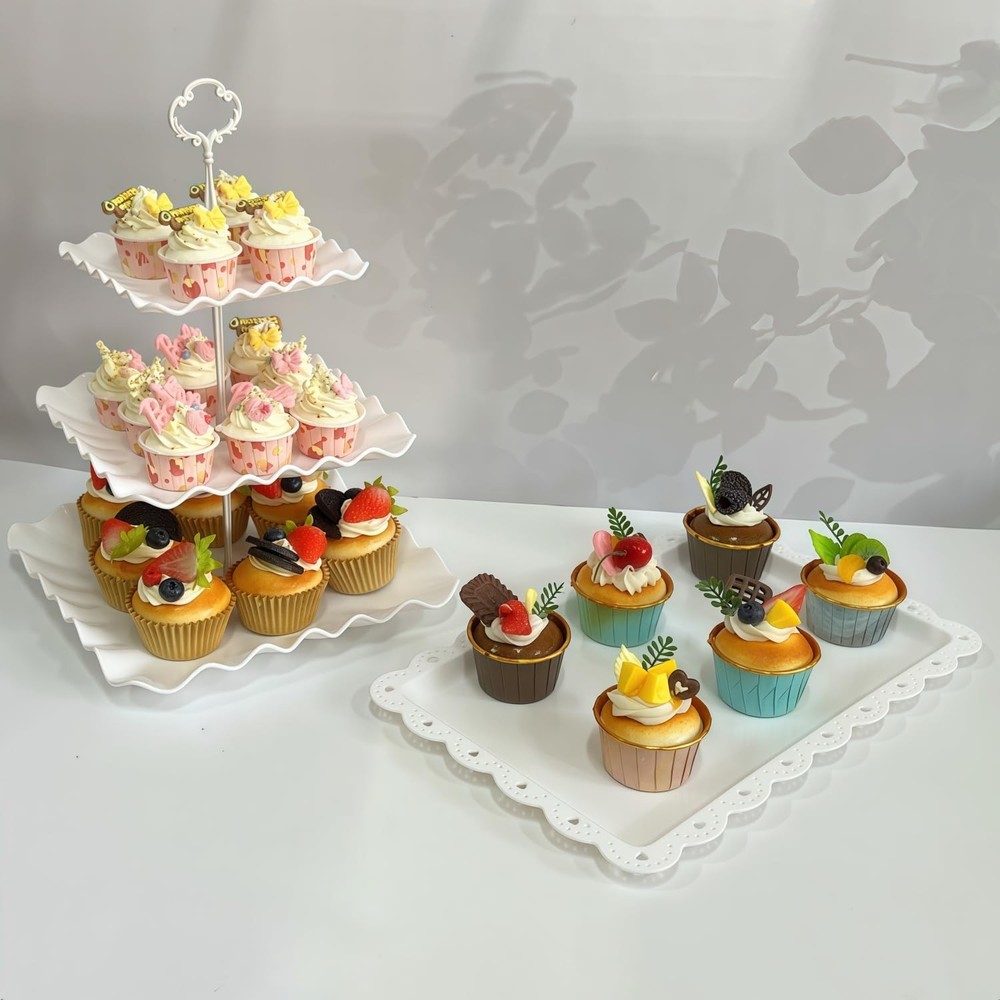 5 Pcs Cupcake Stand Set - Plastic Dessert Table Display Set, 2 White Square 3...