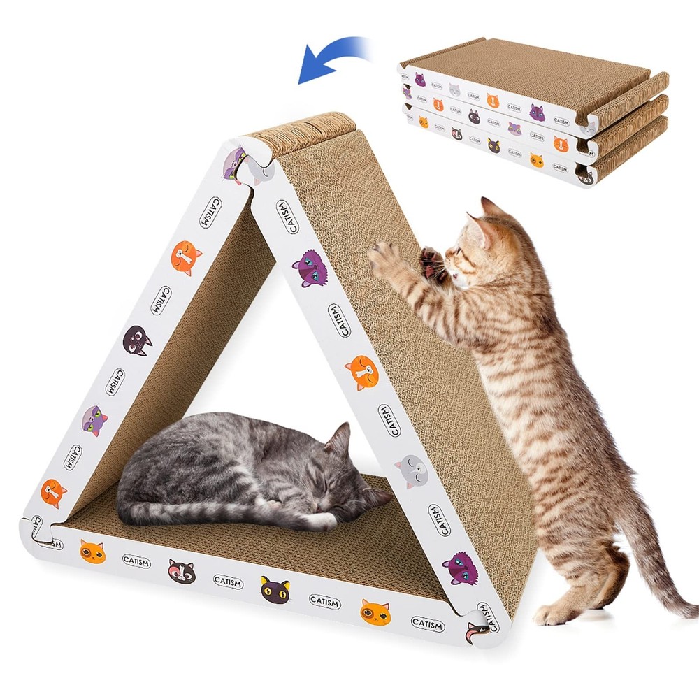 Cat Scratcher Board Foldable Triangle 6 Usable Sides Vertical Cardboard 3 Pack
