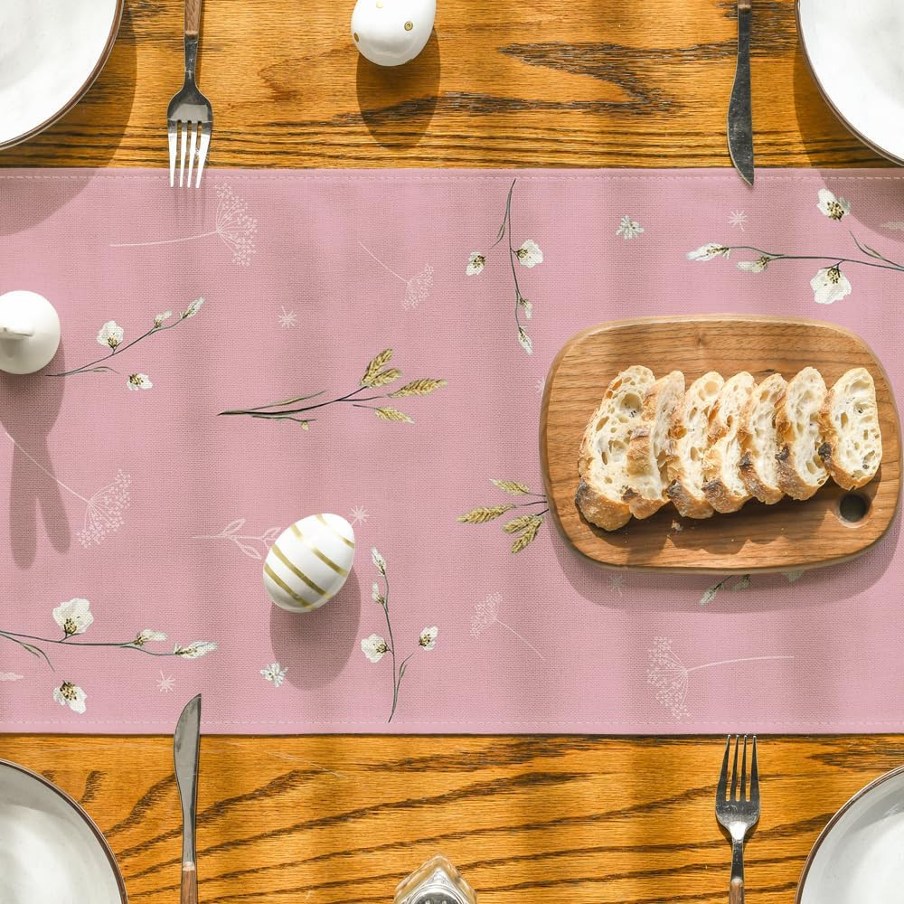 Pink Bunny Rabbit Hydrangea Happy Easter Table Runner, Seasonal Spring Kitchen D