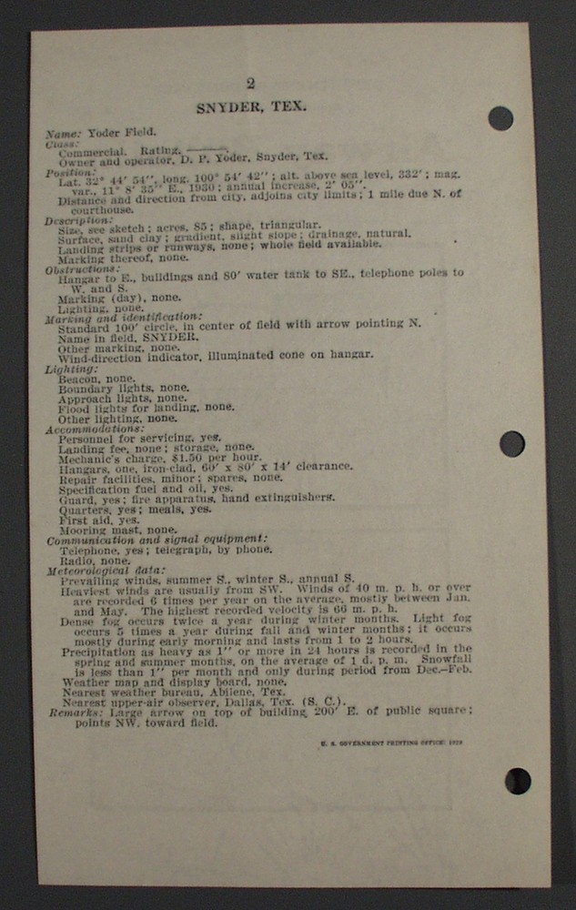 1929 AIRWAY BULLETIN NO. 822, YODER FIELD, SNYDER, TEXAS