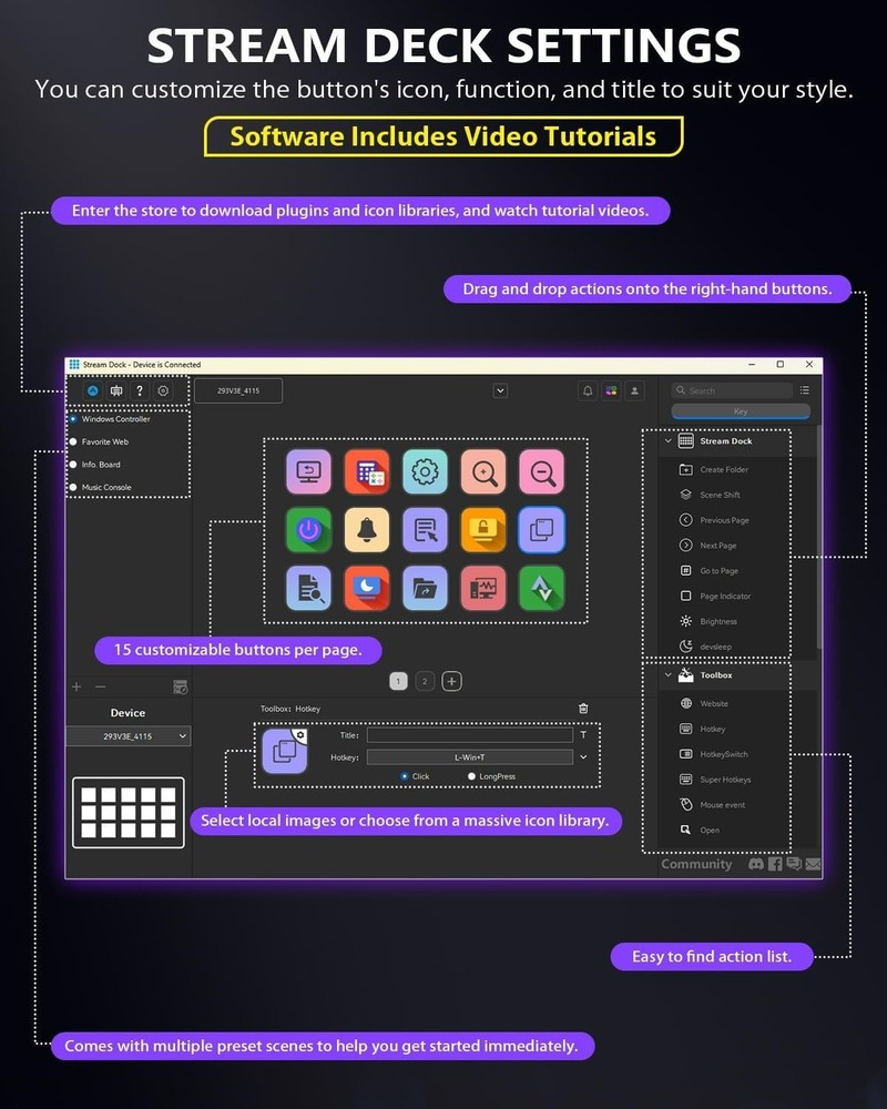 Stream Controller, Stream Deck with 15 Macro Keys Customizable, Gaming Macro ...