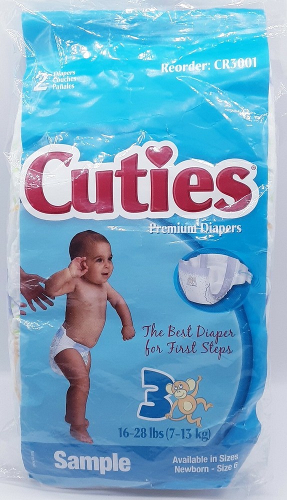 NOS Cuties Size 3 Premium Diaper *SAMPLE* 2 diaper package 7-13lbs