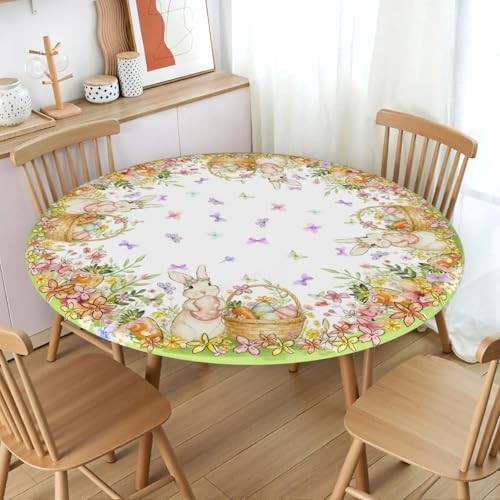 Easter Rabbit Round Fitted Tablecloth with Elastic 44" (Round) Easter Yellow