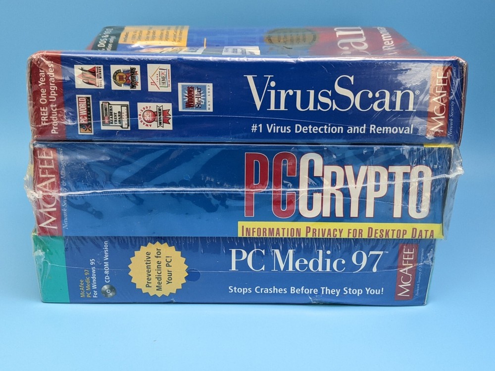 McAfee 3 Pack VirusScan, PC Crypto, PC Medic 97: CD 3.5” Software / VTG 1997 NEW
