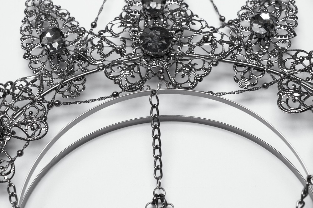 Gothic Moon Crescent Spiked Crown Headpiece with Beaded Fringe