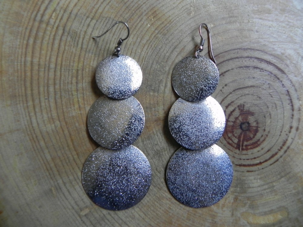 Textured 3 Round Disc Silver Dangle Earrings
