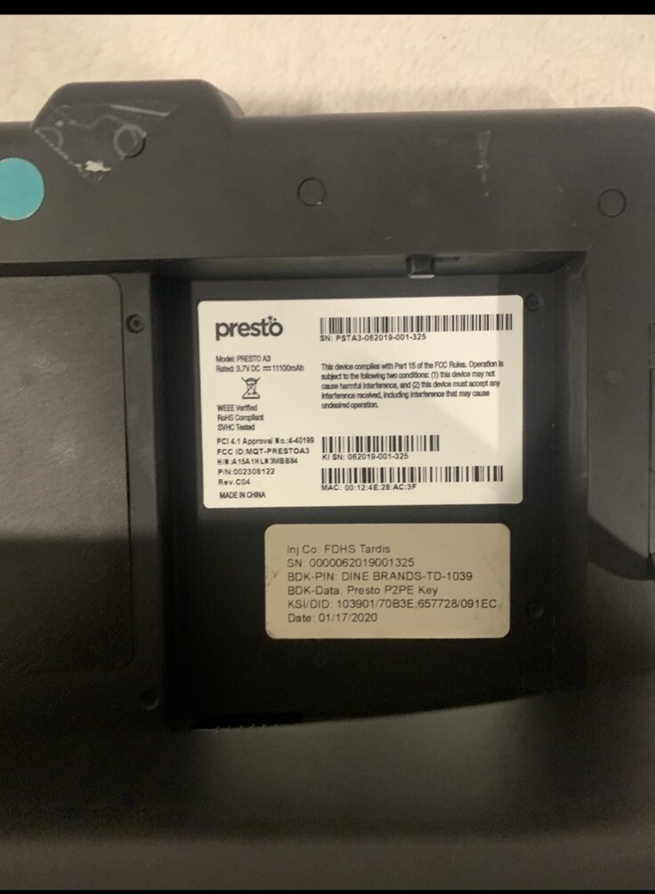 Presto Secure Pay at Table Advanced Security PRESTO A3 In Good Condition