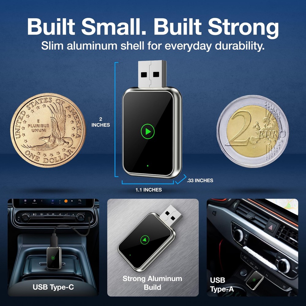 Drivio Wireless CarPlay Adapter for iPhone & Android | USB Small, Black