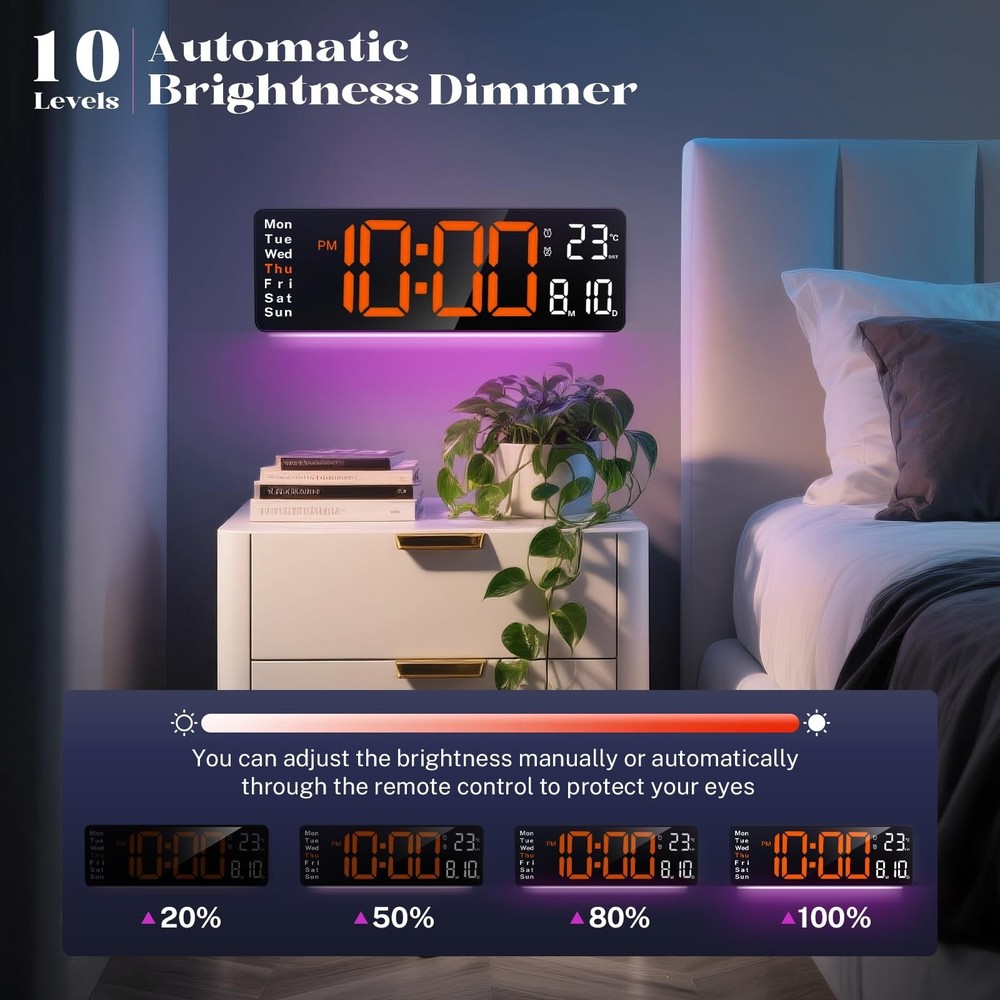 16" Large Digital Wall Clock with Remote Control, Large Display LED Clock for...