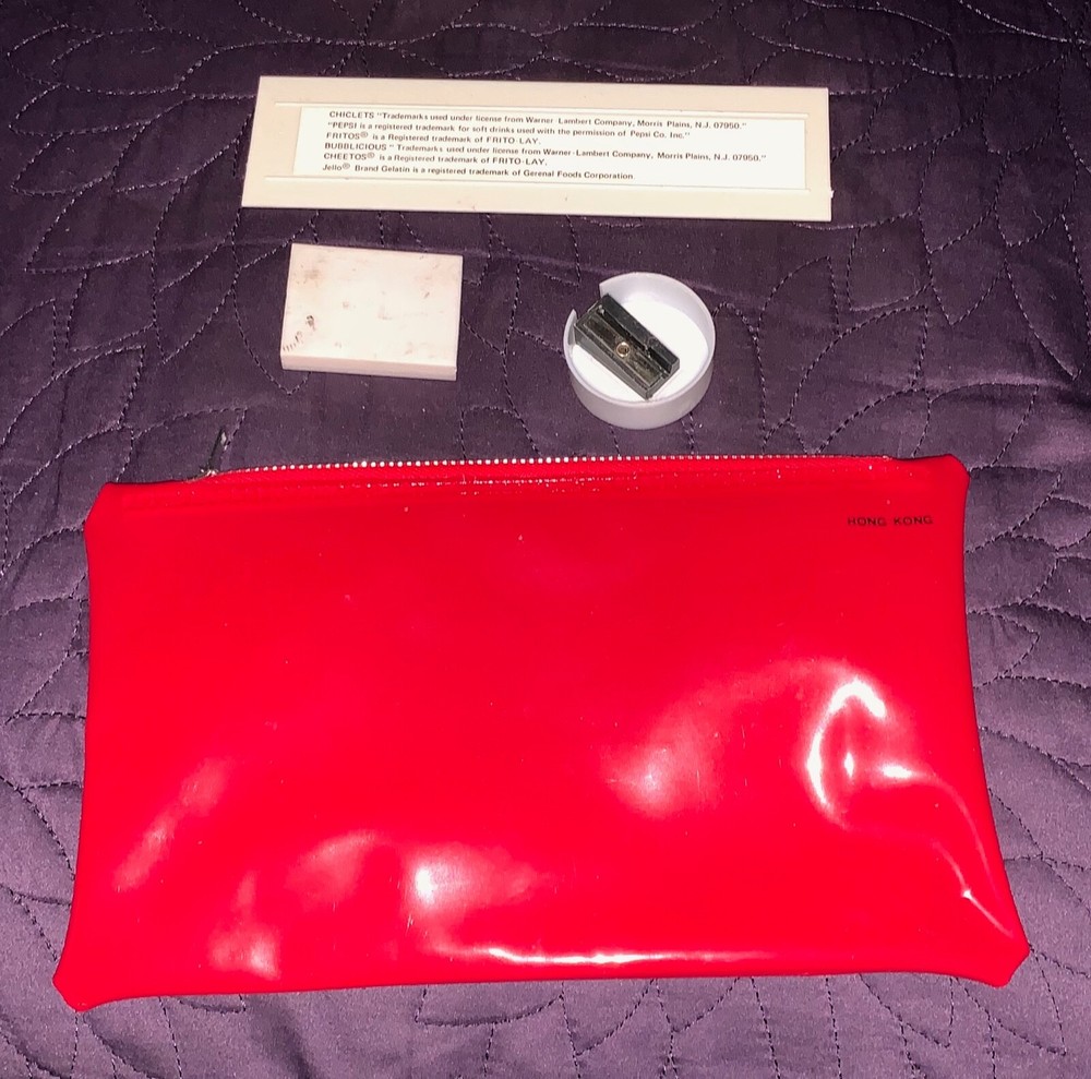 CHICLETS PENCIL CASE SHARPENER, ERASER, RULER C. 1978 WARNER LAMBERT HK