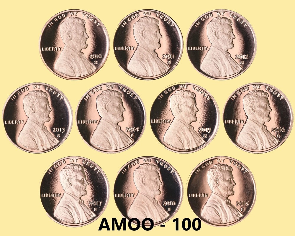 2010-2011-2012, 2013, 2014 - 2019 S PROOF Lincoln Cent Shield 10 Proof Coin Set