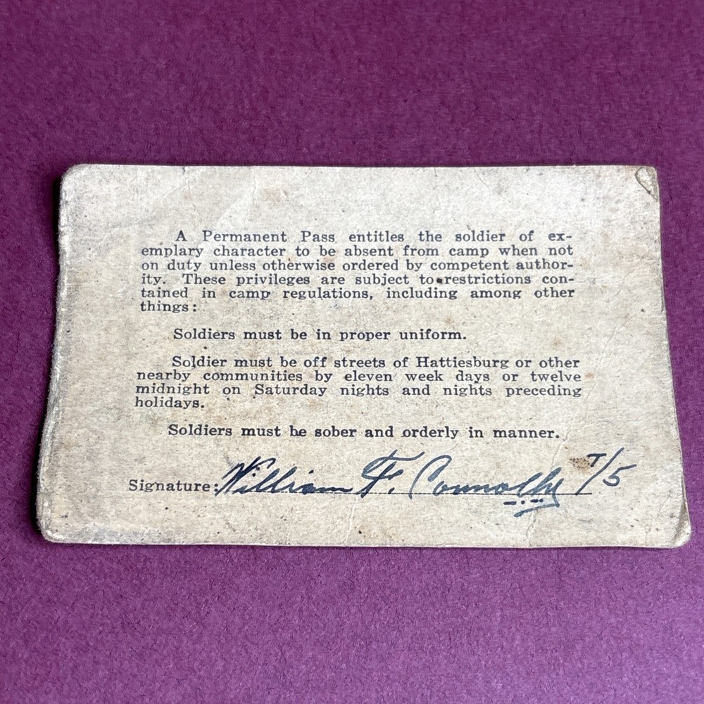 WWII Camp Shelby MS Permanent Pass Named & Signed Original Piece