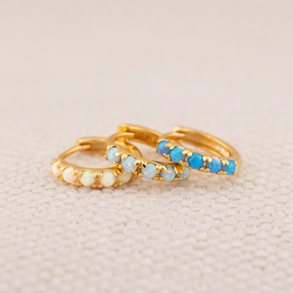 Dainty fire opal stones on solid Sterling Silver 925 huggie hoops