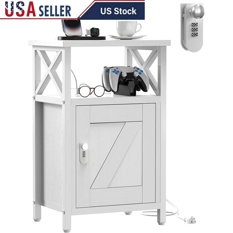 Nightstand W/ Lock USB Charging Station Large Storage Multi-Function Design