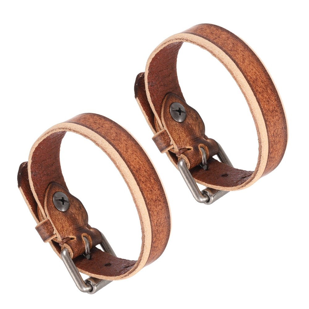 2Pcs Plain Leather Bracelets Buckle Bangle,Brown Punk Bracelets
