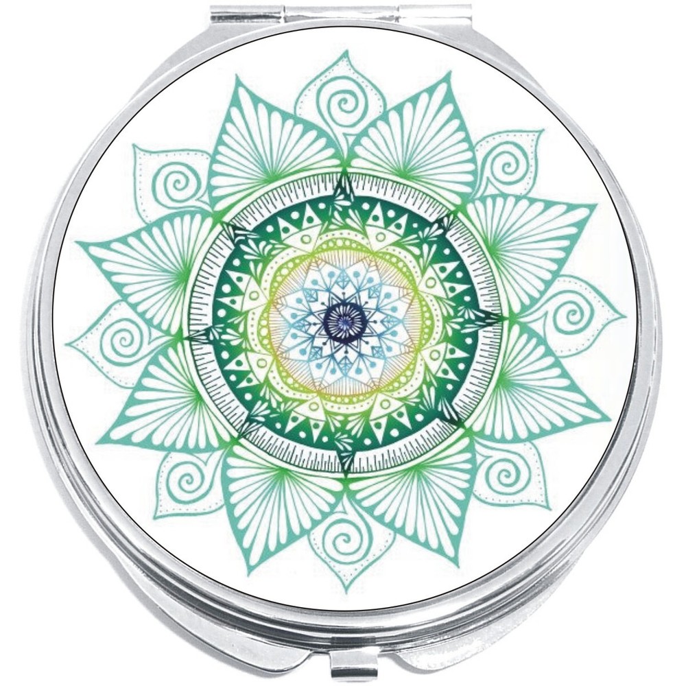 Blue and Green Mandala Leaf Pattern Compact with Mirrors - for Pocket or Purse