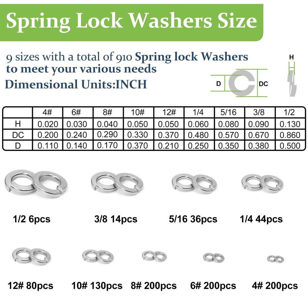 Vifmy SAE Spring Lock Washers Assortment Kit(910 Pack), SAE, Silver