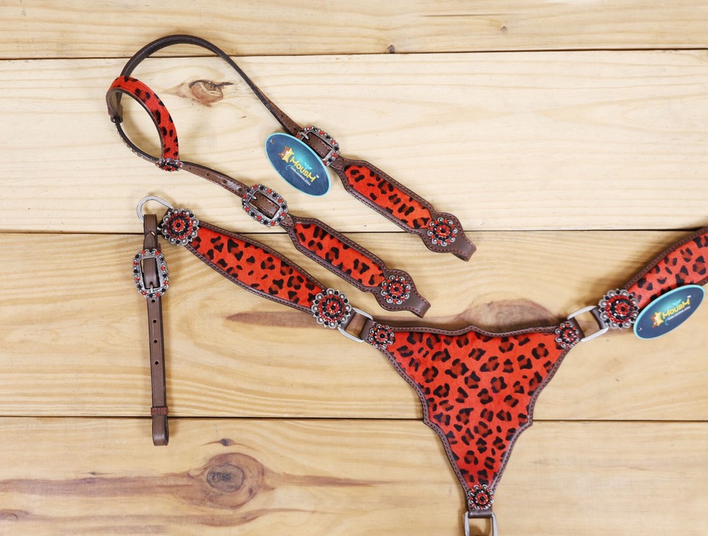 Headstall & Breast Collar Tack Set-Gladiator Style with Leopard Print on Leather