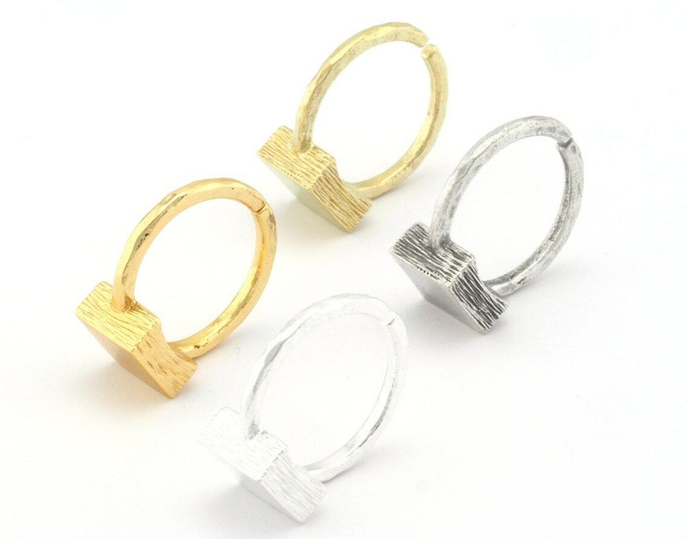 Square Brushed Edge Ring Base Adjustable Silver,Raw Brass,Shiny gold-silver 4683