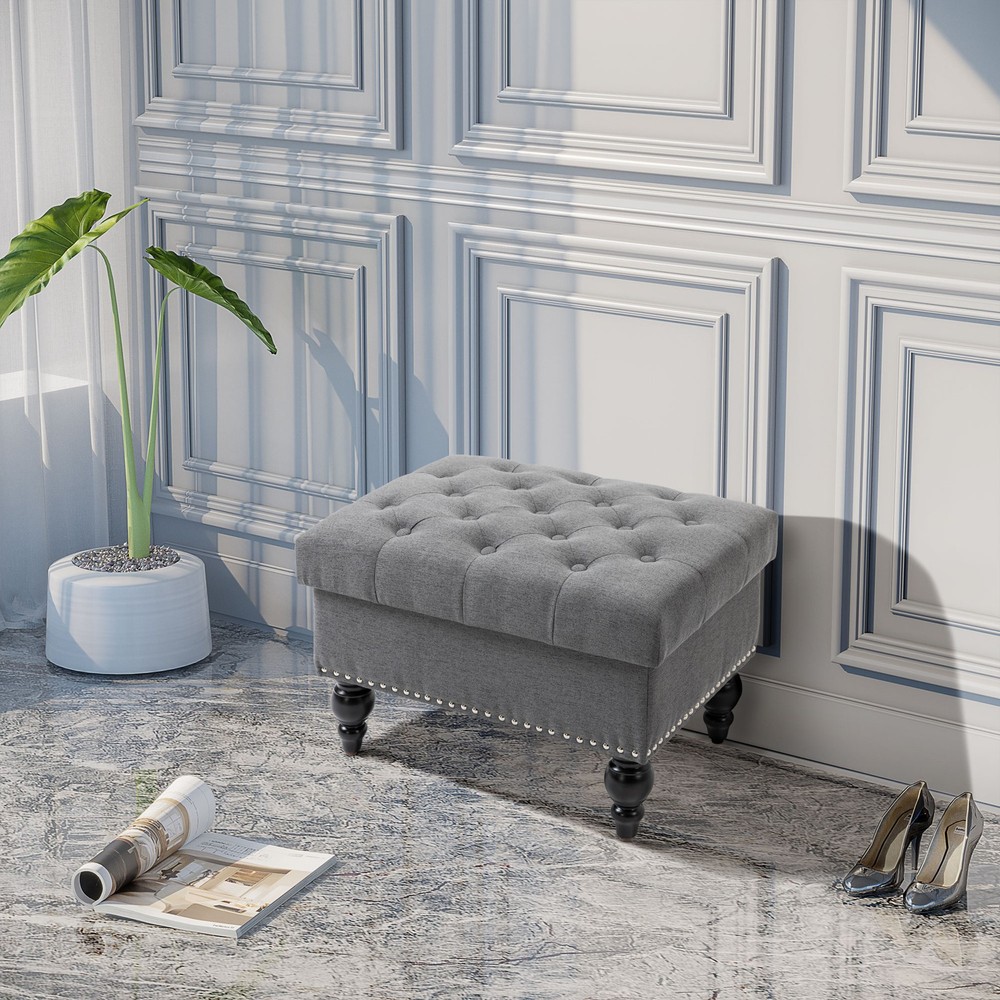 25" Storage Ottoman with Removable Lid, Button Tufted Fabric Footrest Bench