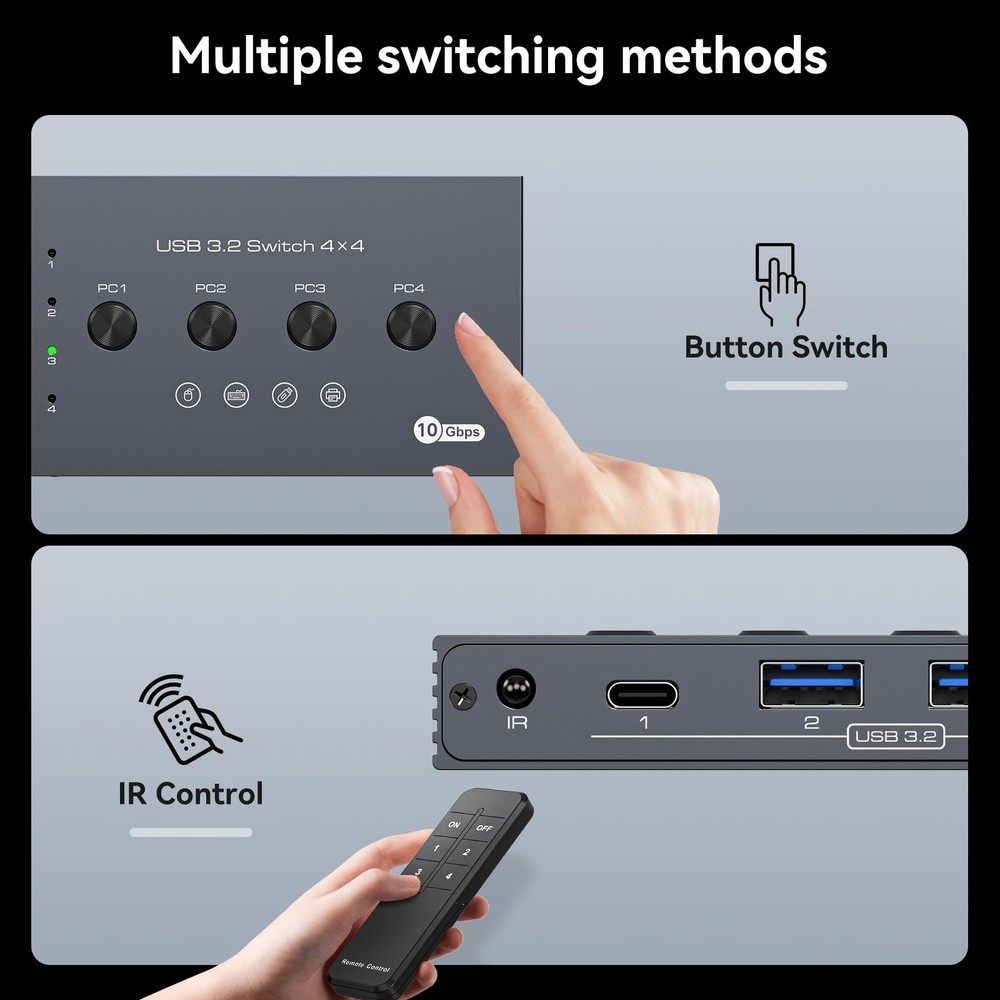 10Gbps USB 3.2 Switch 4 Computers Share 4 Peripherals 4 Port USB Switcher for...