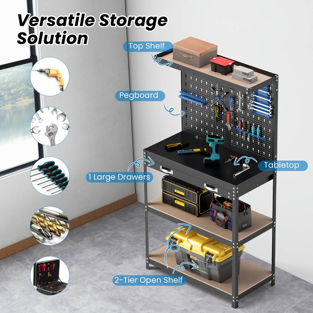 Workbench w/ Pegboard, Shelves & Drawers Versatile Tool Organization Work Table