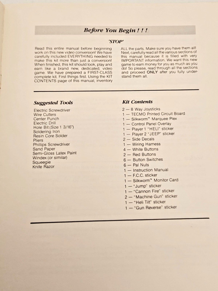 TECMO SILKWORM VIDEO GAME SERVICE INSTRUCTION MANUAL