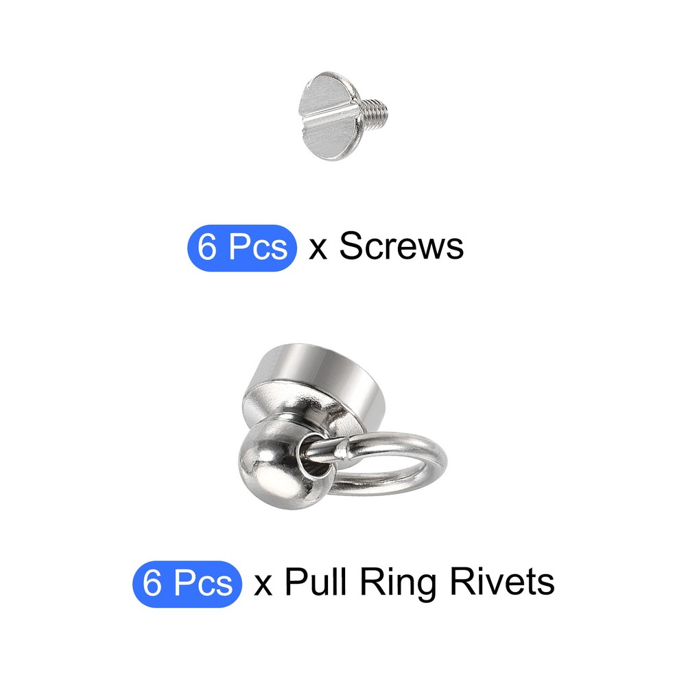 Round Head Pull Ring Rivet Studs 9mm 6Pcs Brass Button Rivets with Screw Silver