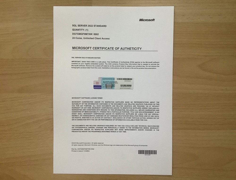 SQL Server 2022 Standard 24 Core COA unlimited User CAL RETAIL License