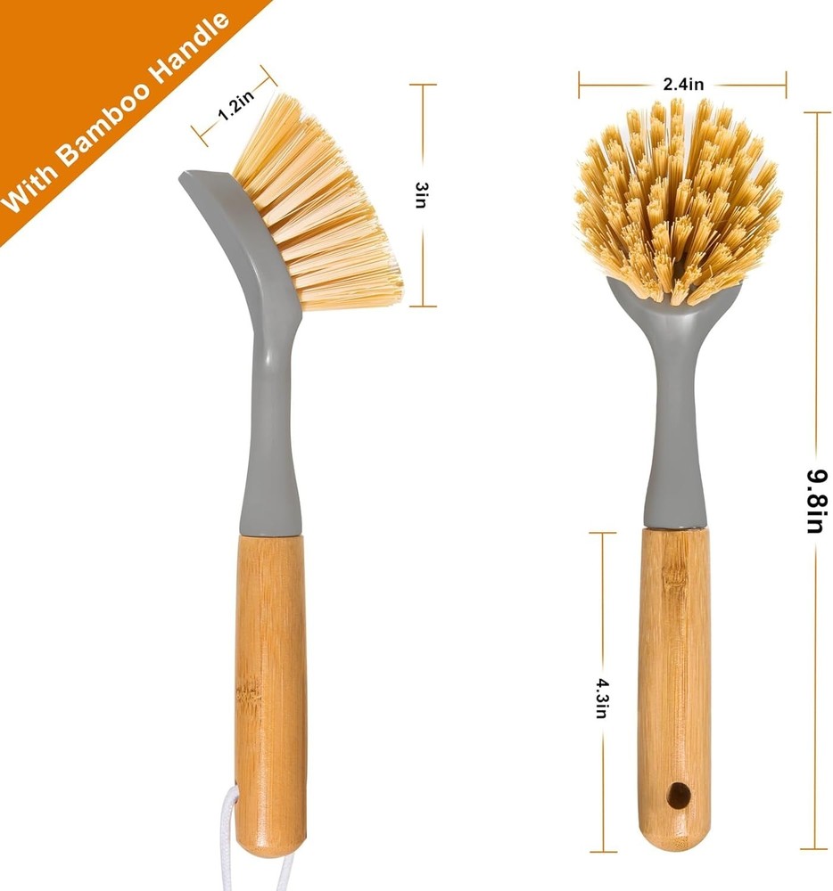 2 Pack Kitchen Dish Brushes with Bamboo Handle, Dish Scrubber Built-in Scraper
