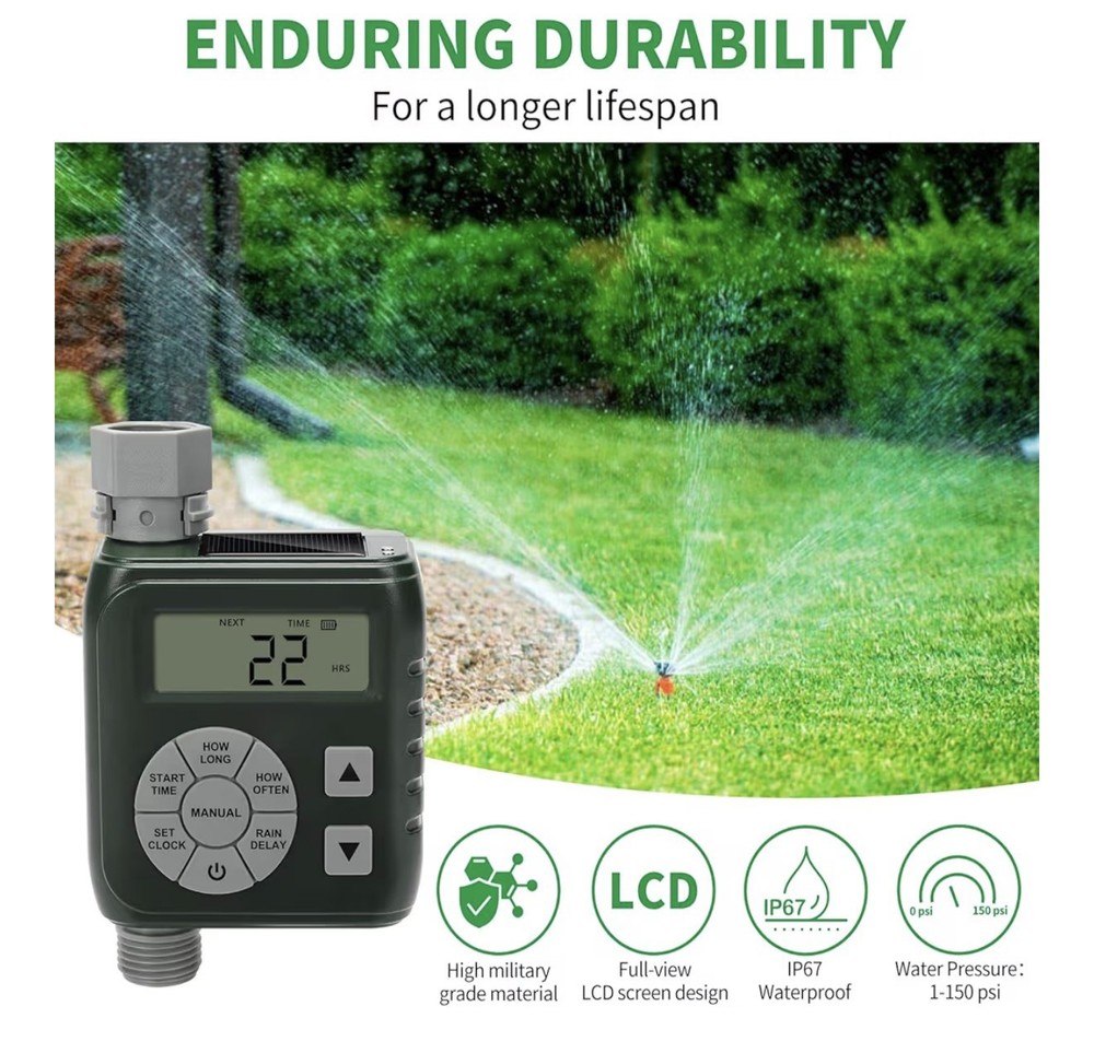 Sprinkler Timer, Programmable Irrigation Water Timer for Garden Hose, Solar/Batt