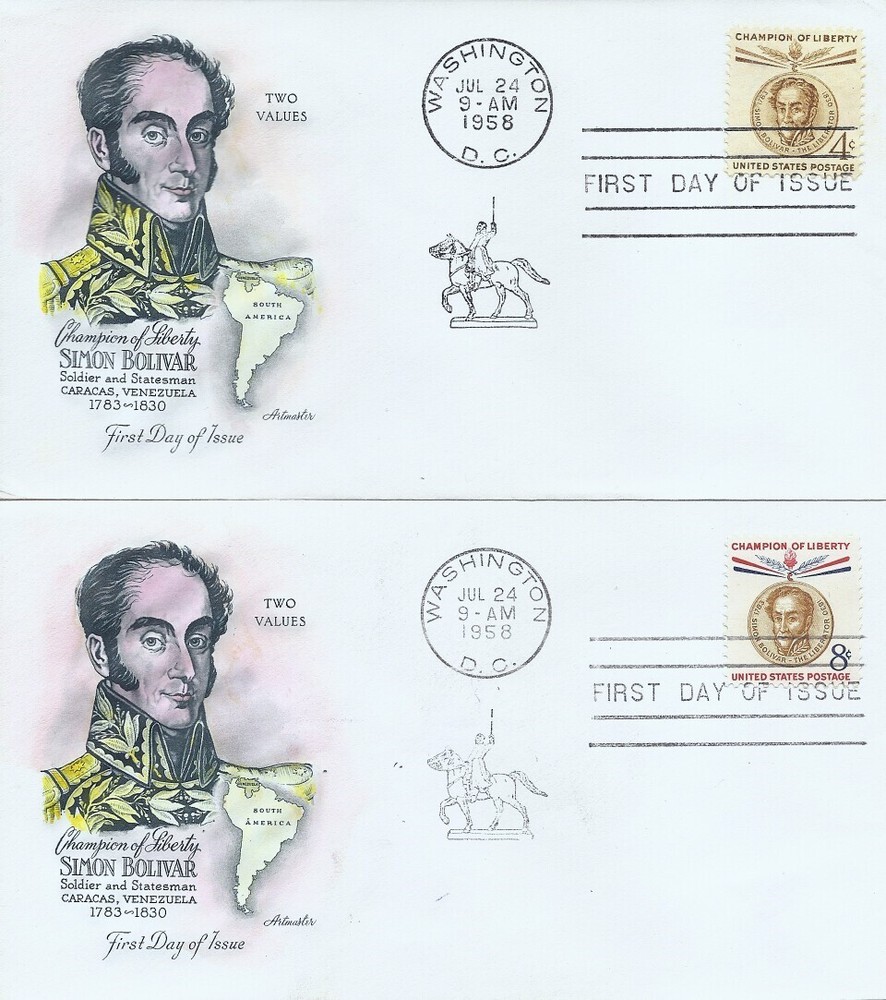 1110/1111 4c & 8c SIMON BOLIVAR - Hand tinted Artmaster cachets