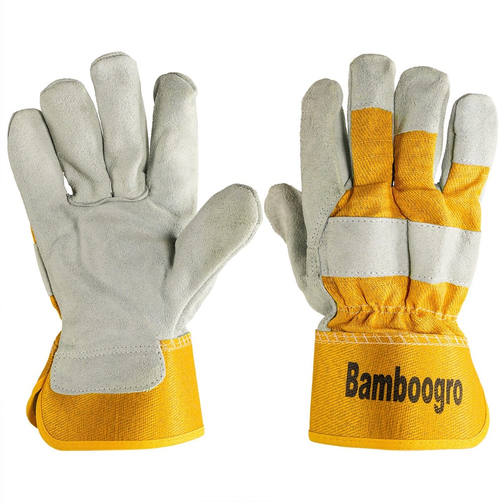 Natural Cow Split Leather Work Gloves, Yellow Cotton,6-pair