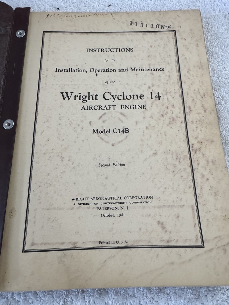 Wright Cyclone 14 Aircraft Engine Reference Book Diagrams Instructions 1940
