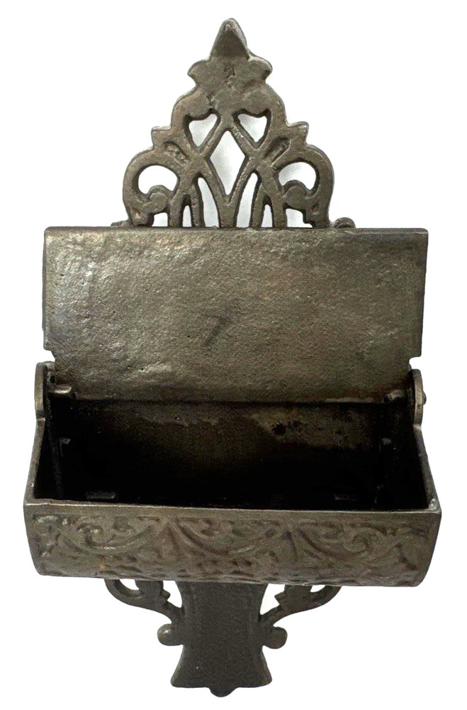Antique Victorian Cast Iron Wall Mount Match Safe Holder Scroll