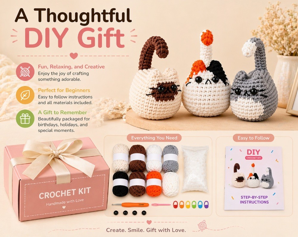 Cat Crochet Kit 3 Pack for Beginners Amigurumi DIY Set with Video Tutorial