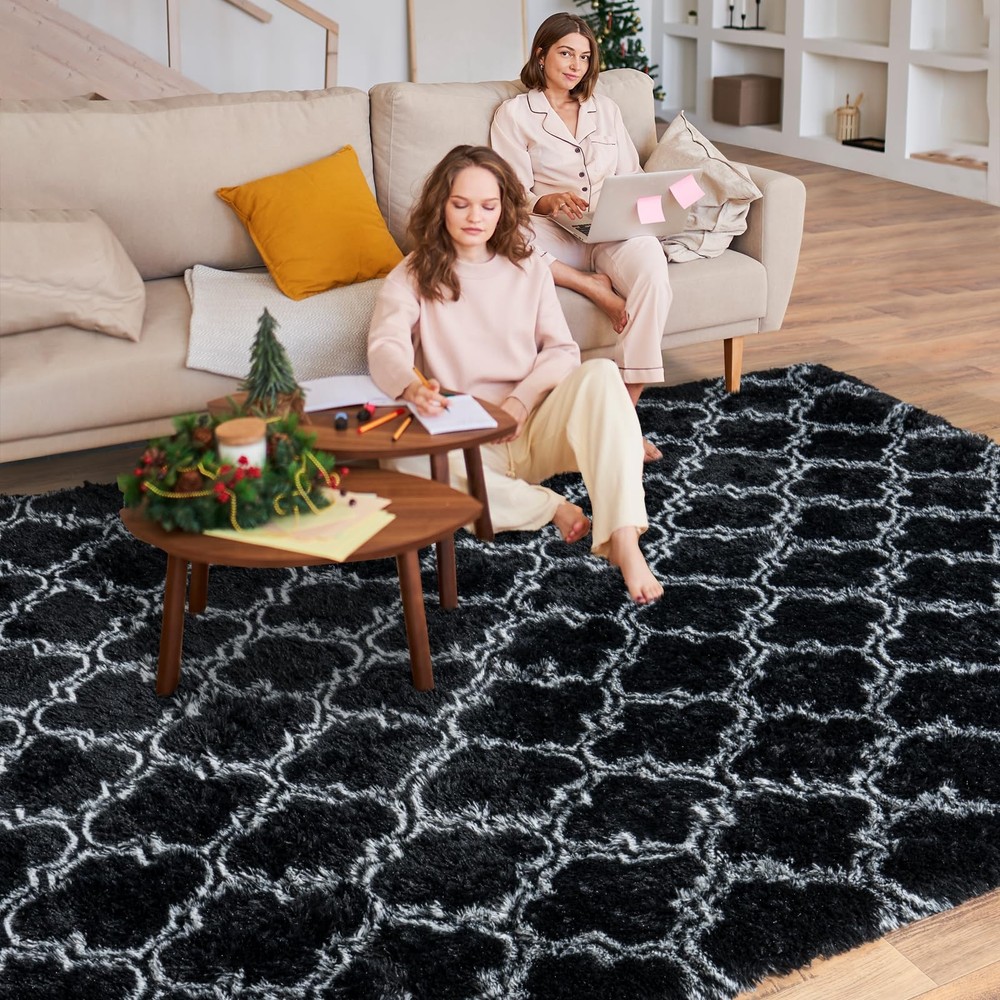 Dssimo Super Fluffy Moroccan Trellis 5x7 5' x 7' (Rectangular), Tie-dye Black