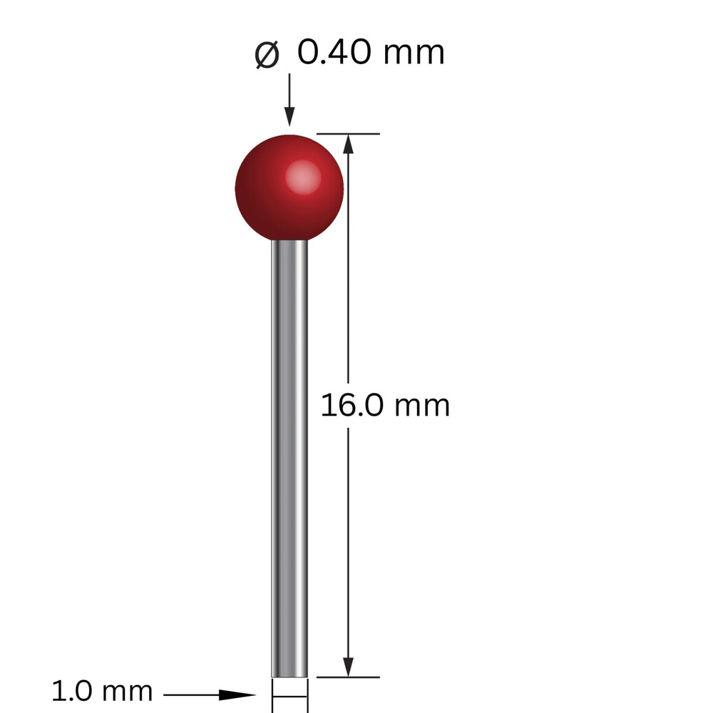 Precision CMM Stylus, Threadless - 0.4mm Ruby Tip, 1.0mm Shaft, 16mm Length