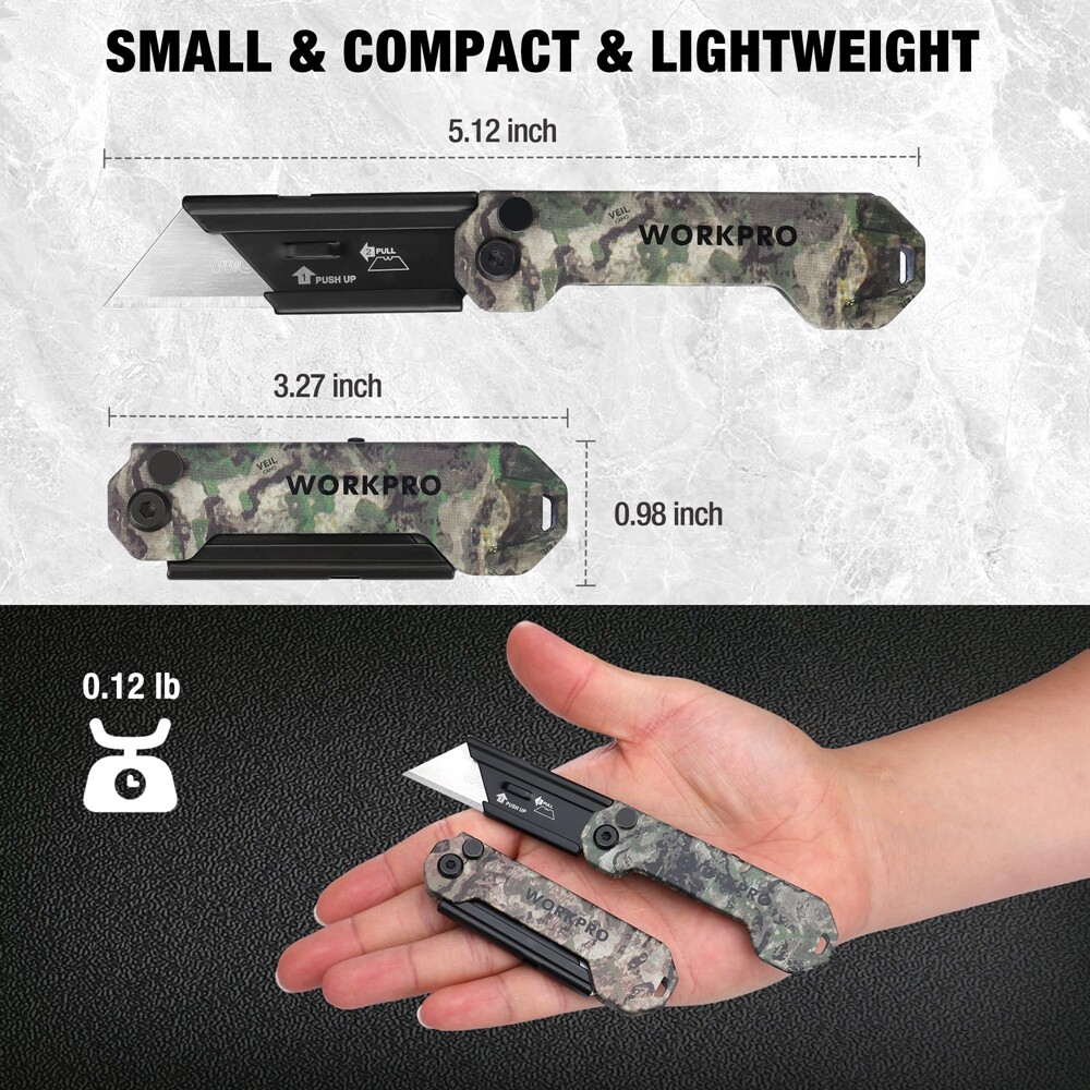 WORKPRO 3PACK Folding Utility Knife Set Axis Lock Box Cutter with Belt Clip Camo