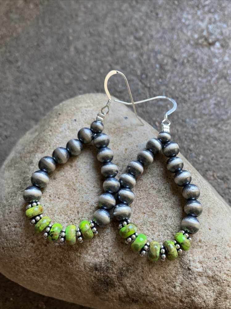 Sterling Silver Green Turquoise W Pearls Bead Loop Earrings.