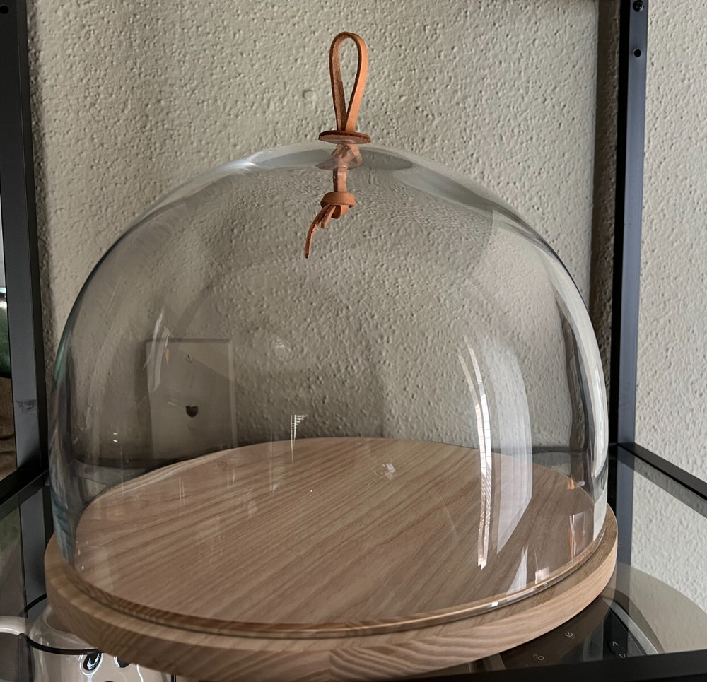 Williams Sonoma LSA Glass Cake Plate Dome & Ash Base Natural Leather Loop Handle
