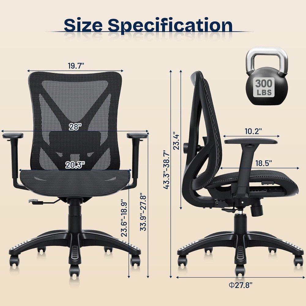 Ergonomic Office Chair, Mesh Computer Desk Chairs with Adjustable Lumbar Support