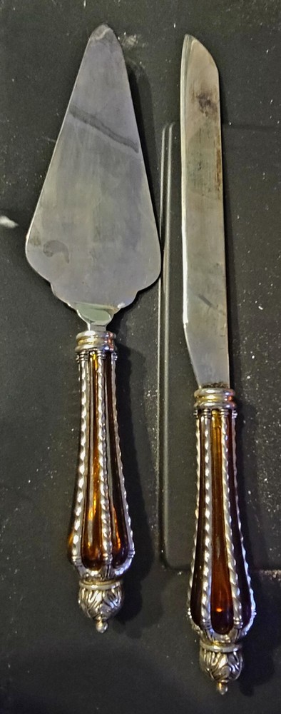 Wallace Silversmiths Amber Glass Silverplate Cake Knife Server Set