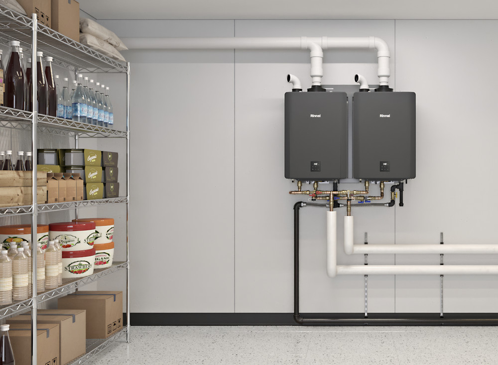Rinnai Commercial Rack System With Two Unit Tankless Water Heater Wall Mounted