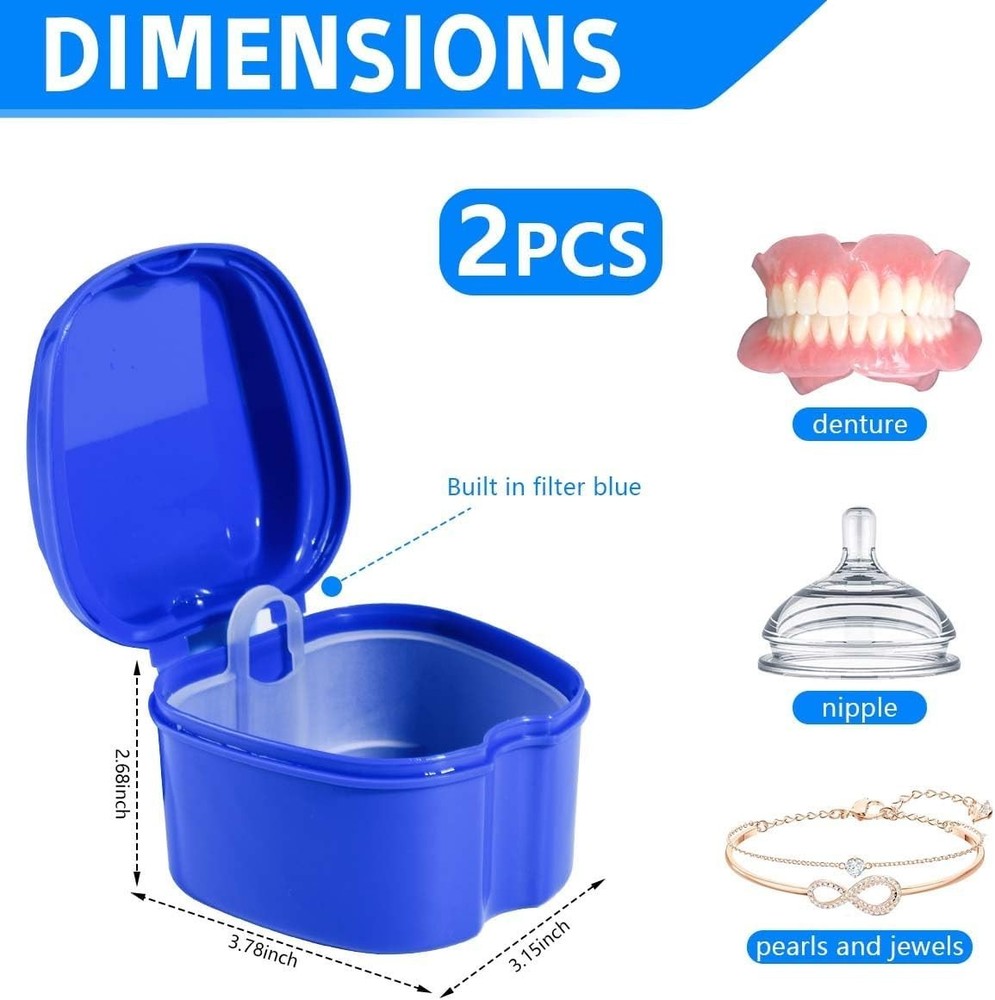 2 Pack Colors Denture Bath Case Cup Box Holder Storage Soak Container with St...