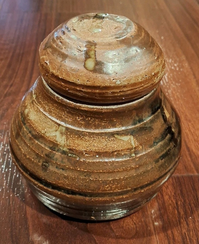 Clay or Stonewear Lidded Crock Just Under 4" Tall No Cracks Or Chips EUC
