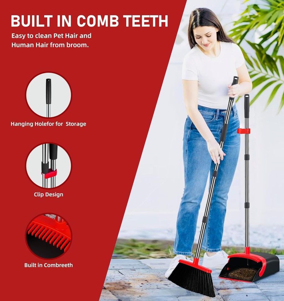 Brooms with Dustpan Combo Set， with 52" Long Handle, Dustpan Teeth with self-...