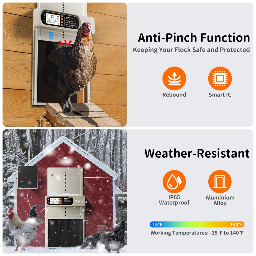Automatic Chicken Coop Door Solar Powered with Timer, Light Sensor, Remote Contr