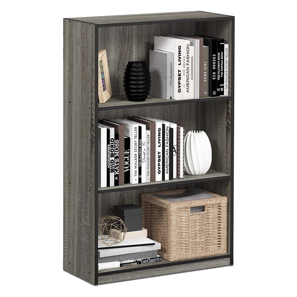 Basic 3-Tier Bookcase Storage Shelves French Oak Grey/Black